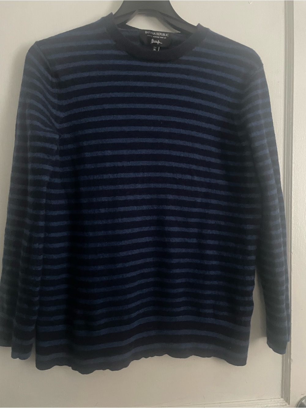 Banana Republic Striped Crewneck Sweater - Navy & Blue Italian merino yarn by
